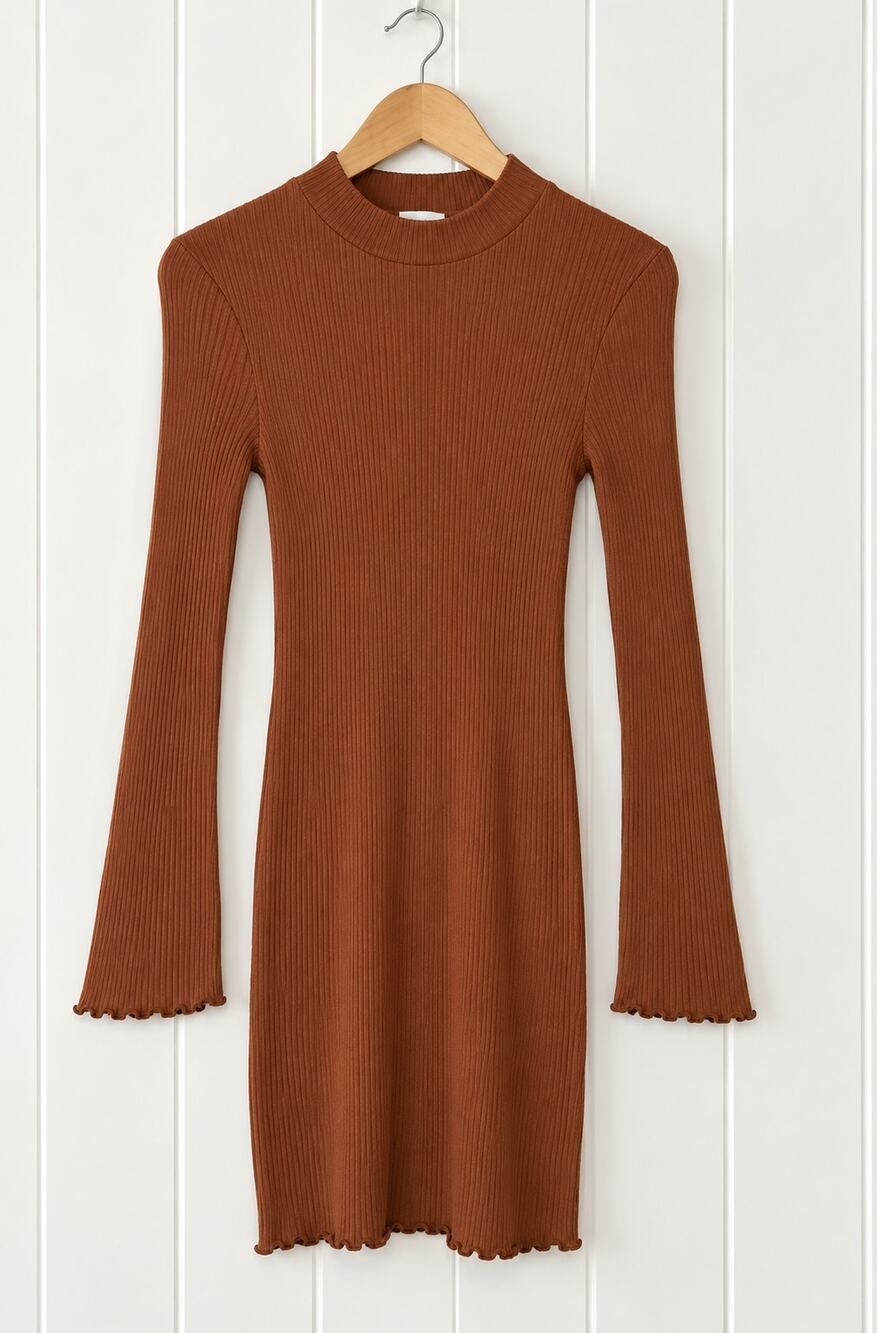 Vestique Ribbed Midi Dress Womens M Rust Brown Mock Neck Bell Sleeve Made USA